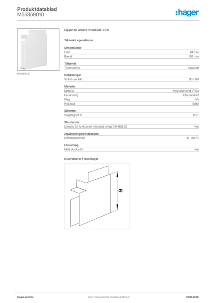 Bild Hager Produktdatablad M55359010 | Hager Sverige