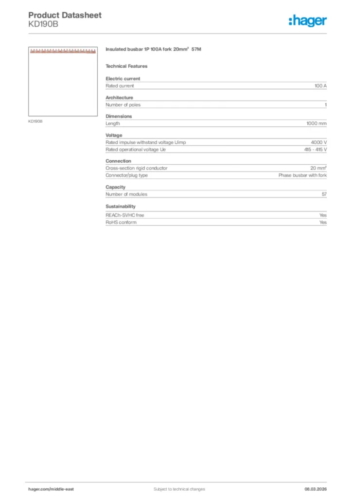 Image Hager Product data sheet KD190B  | Hager