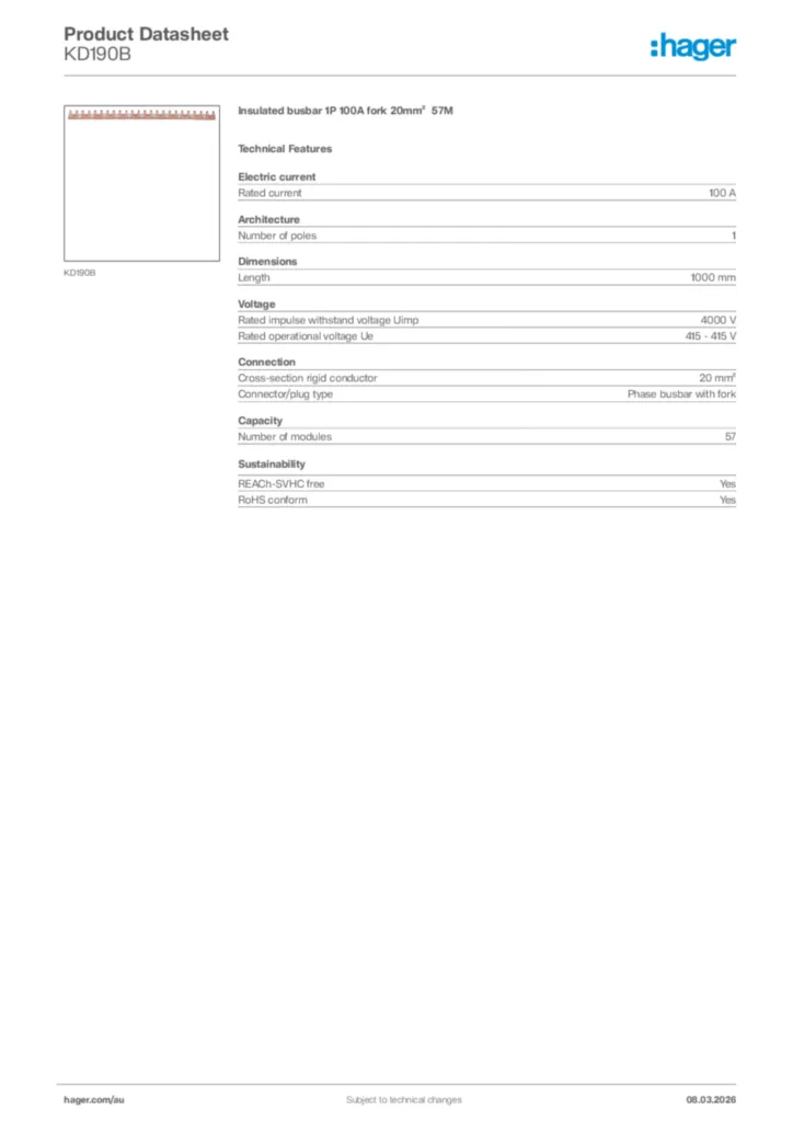 Image Hager Product data sheet KD190B  | Hager Australia