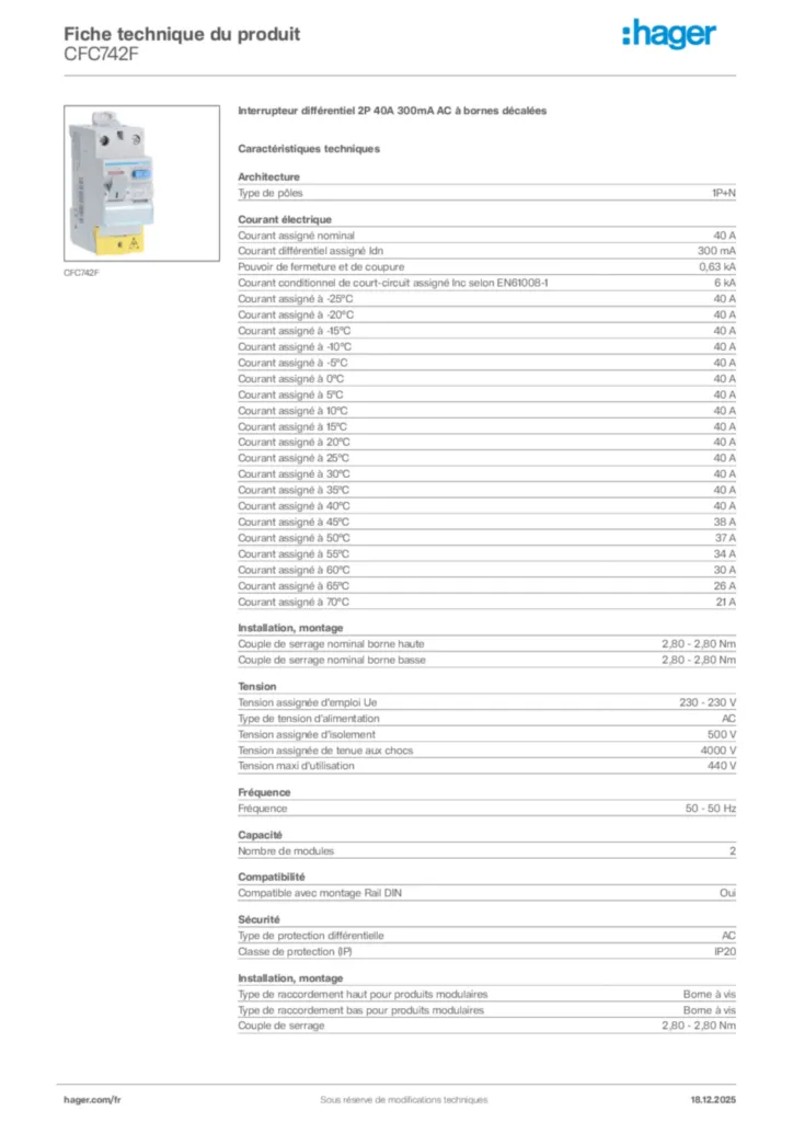 Image Hager Fiche technique du produit CFC742F | Hager France