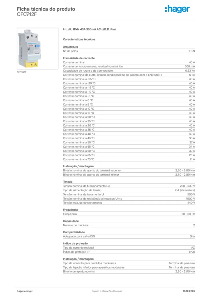 Imagem Hager Ficha técnica do produto CFC742F | Hager Portugal