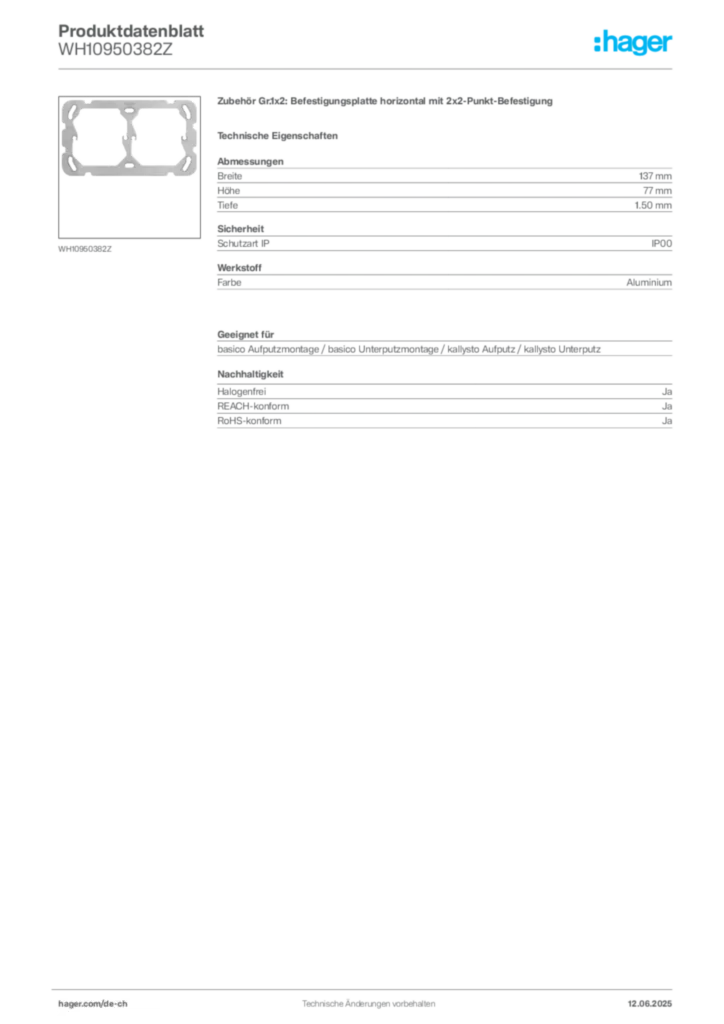 Bild Hager Produktdatenblatt WH10950382Z | Hager Schweiz