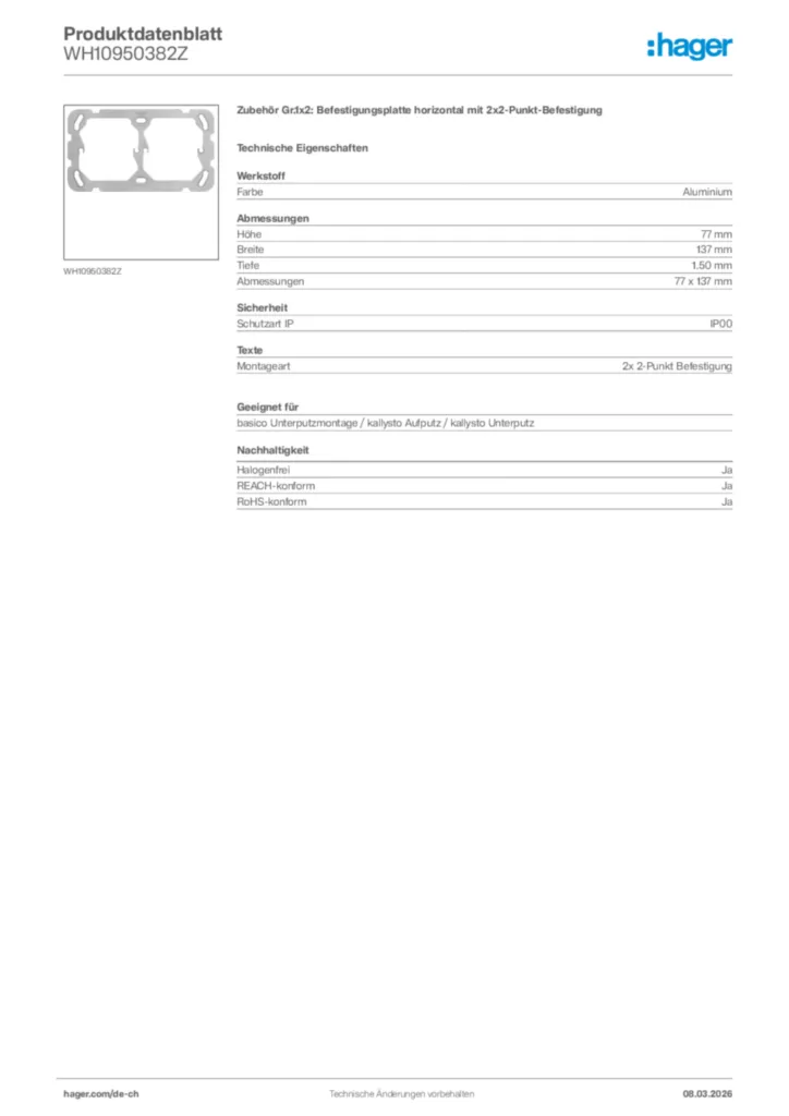 Bild Hager Produktdatenblatt WH10950382Z | Hager Schweiz