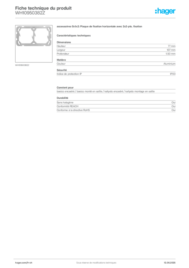 Image Hager Fiche technique du produit WH10950382Z | Hager Suisse