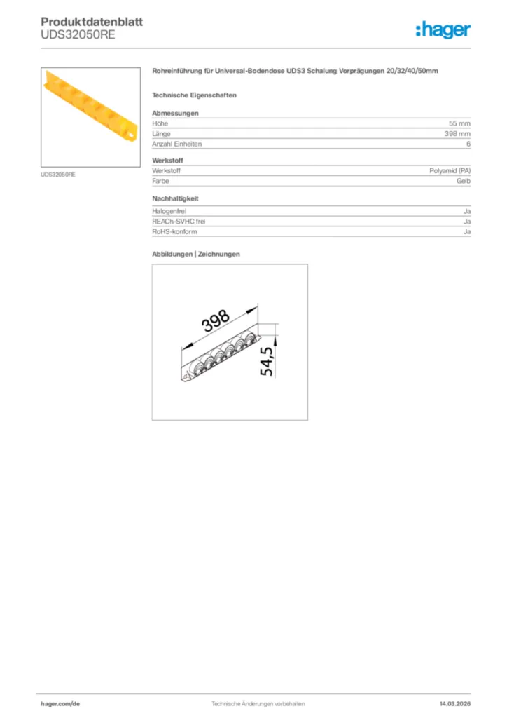 Bild Hager Produktdatenblatt UDS32050RE | Hager Deutschland