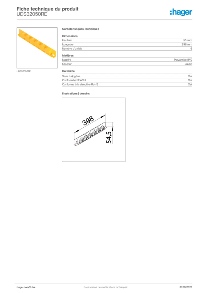 Image Hager Fiche technique du produit UDS32050RE | Hager Belgique
