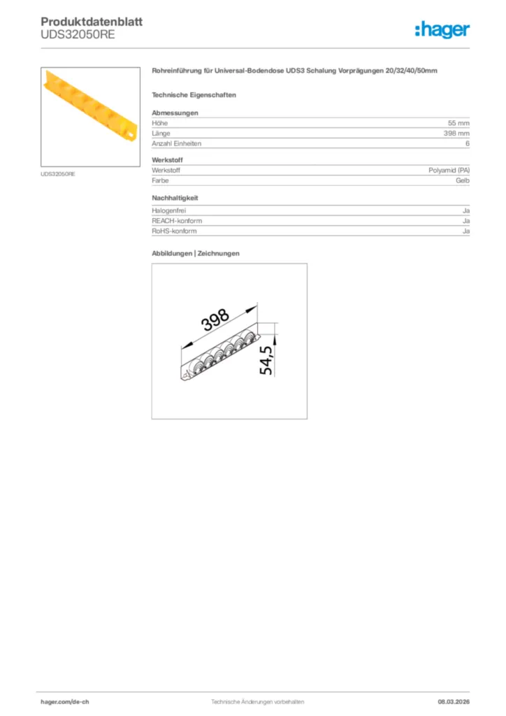 Bild Hager Produktdatenblatt UDS32050RE | Hager Schweiz