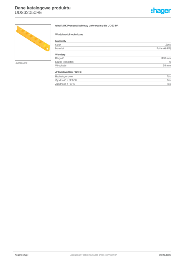 Zdjęcie Hager Karta katalogowa UDS32050RE | Hager Polska