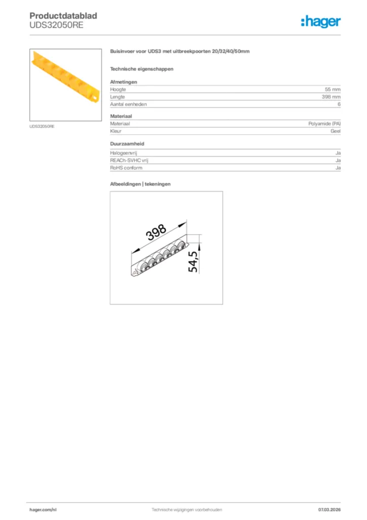 Afbeelding Hager Productdatablad UDS32050RE | Hager Nederland