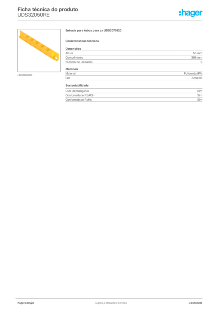 Imagem Hager Ficha técnica do produto UDS32050RE | Hager Portugal