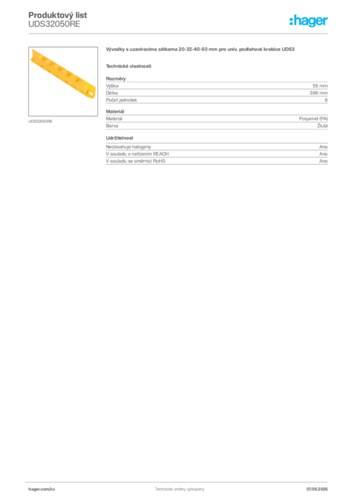 Obrázek Hager Produktový list UDS32050RE | Hager