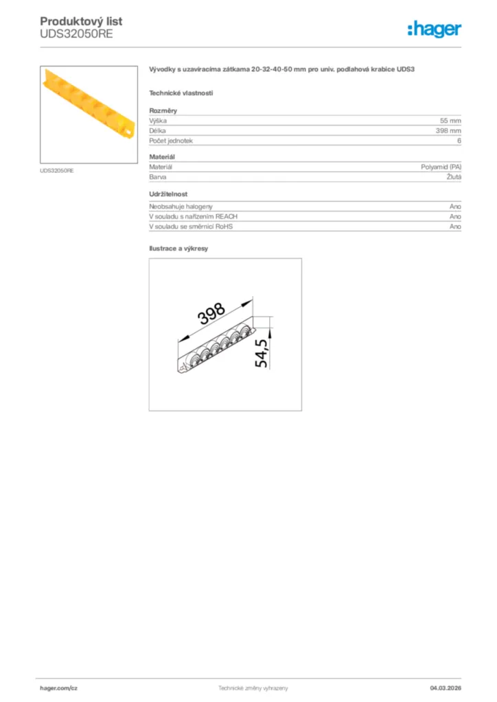 Obrázek Hager Product data sheet UDS32050RE | Hager