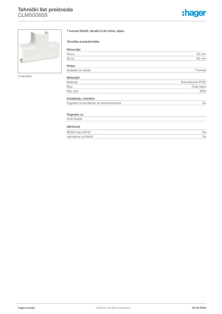 Slika Hager Tehnički list proizvoda CLM500658  | Hager