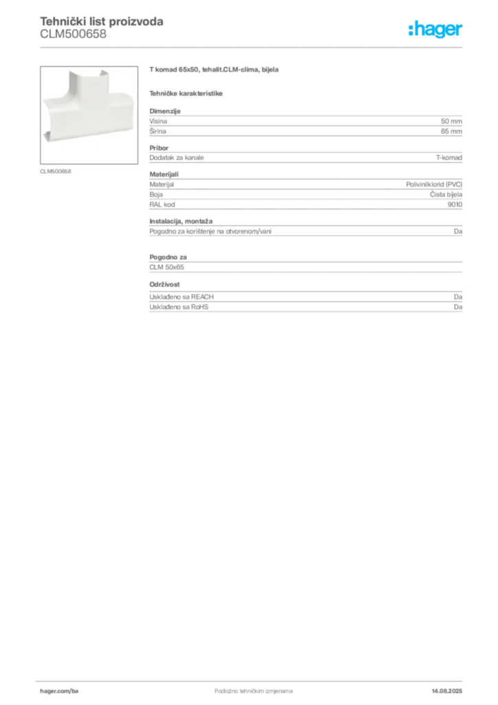 Slika Hager Product data sheet CLM500658  | Hager