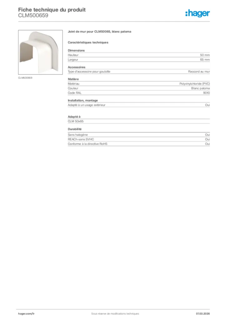 Image Hager Fiche technique du produit CLM500659 | Hager France