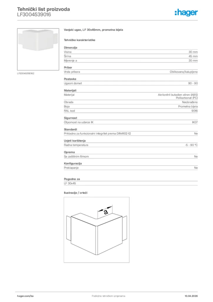 Slika Hager Tehnički list proizvoda LF3004539016  | Hager