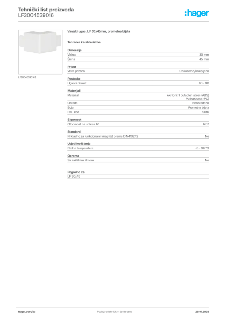 Slika Hager Product data sheet LF3004539016  | Hager