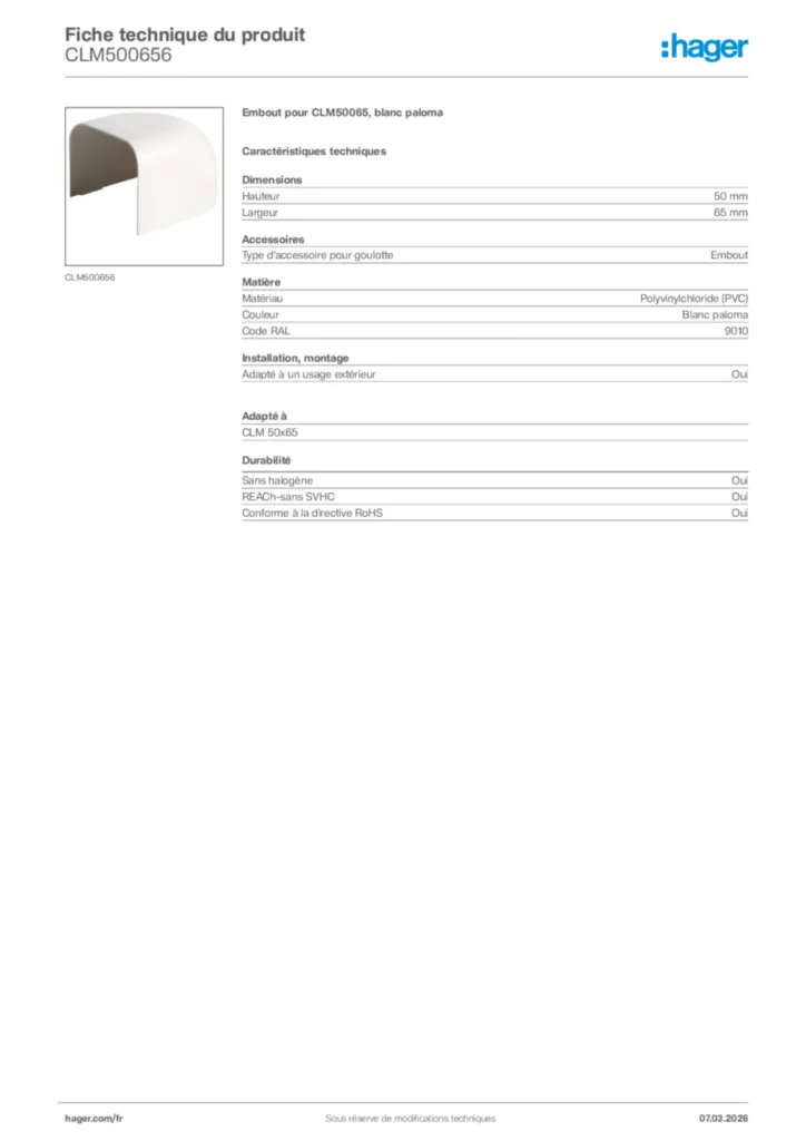 Image Hager Fiche technique du produit CLM500656 | Hager France