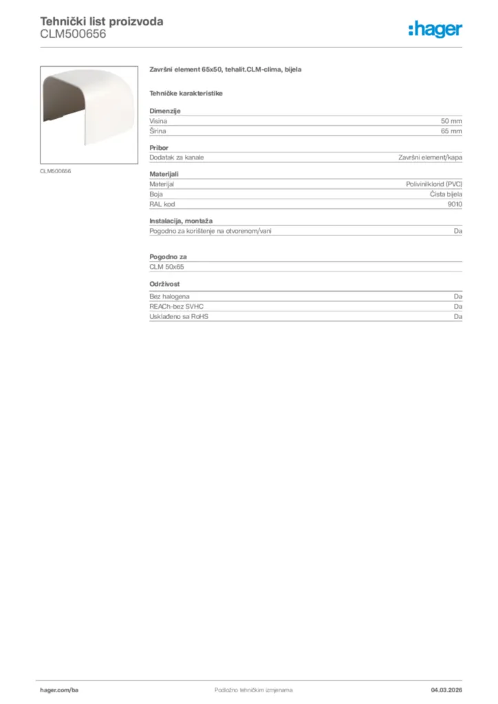 Slika Hager Tehnički list proizvoda CLM500656  | Hager