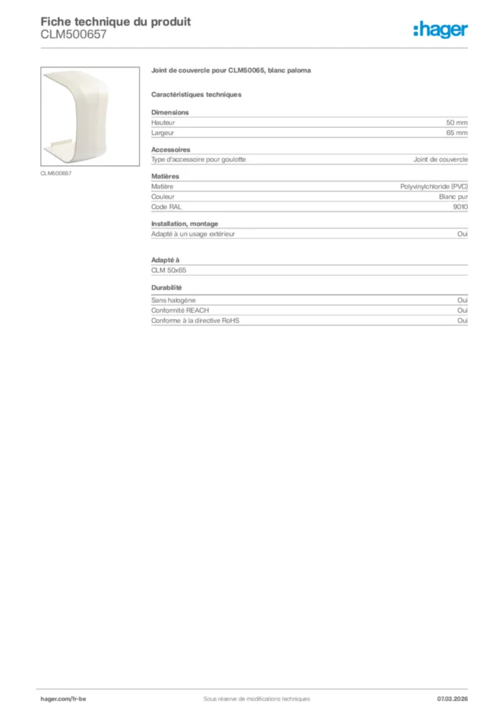 Image Hager Fiche technique du produit CLM500657 | Hager Belgique