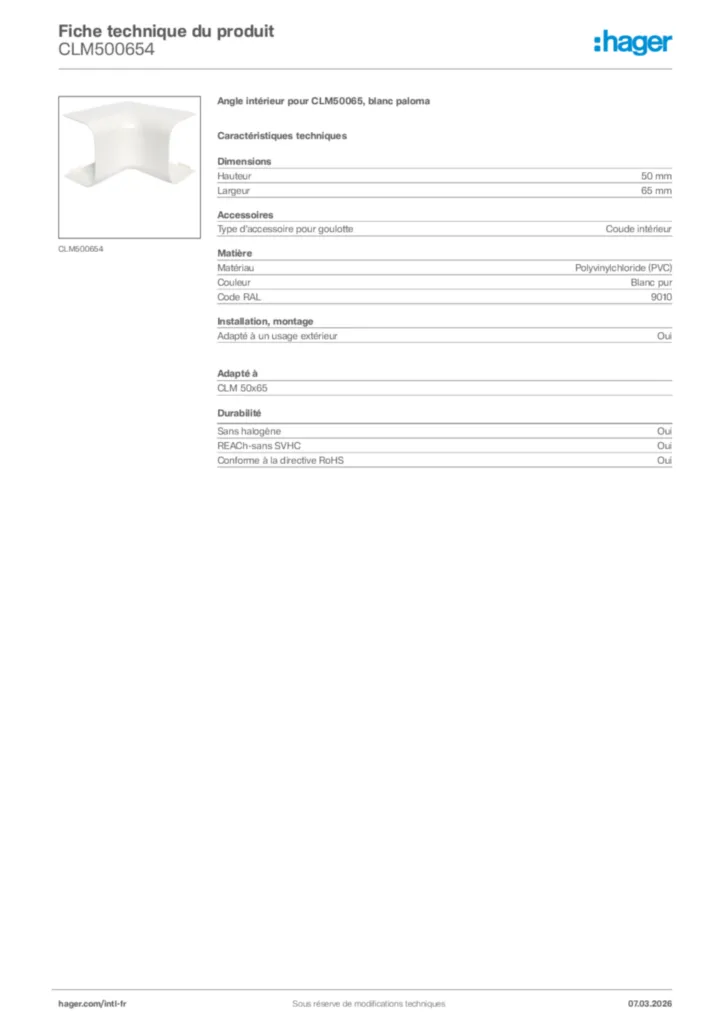 Image Hager Fiche technique du produit CLM500654 | Hager Afrique