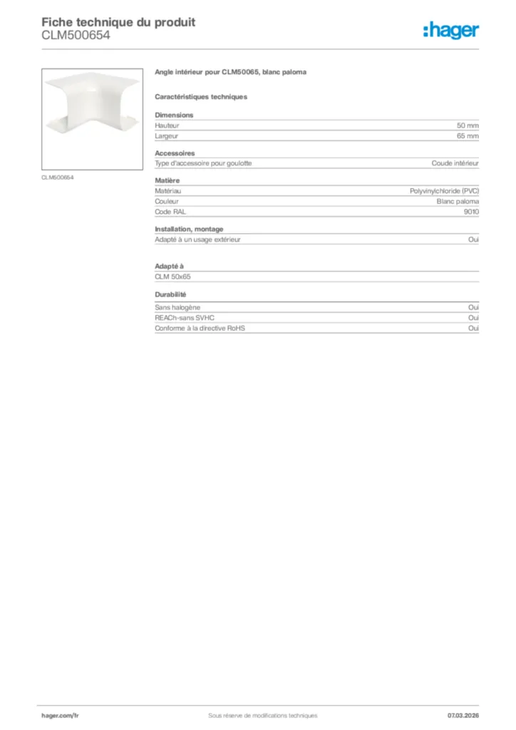 Image Hager Fiche technique du produit CLM500654 | Hager France
