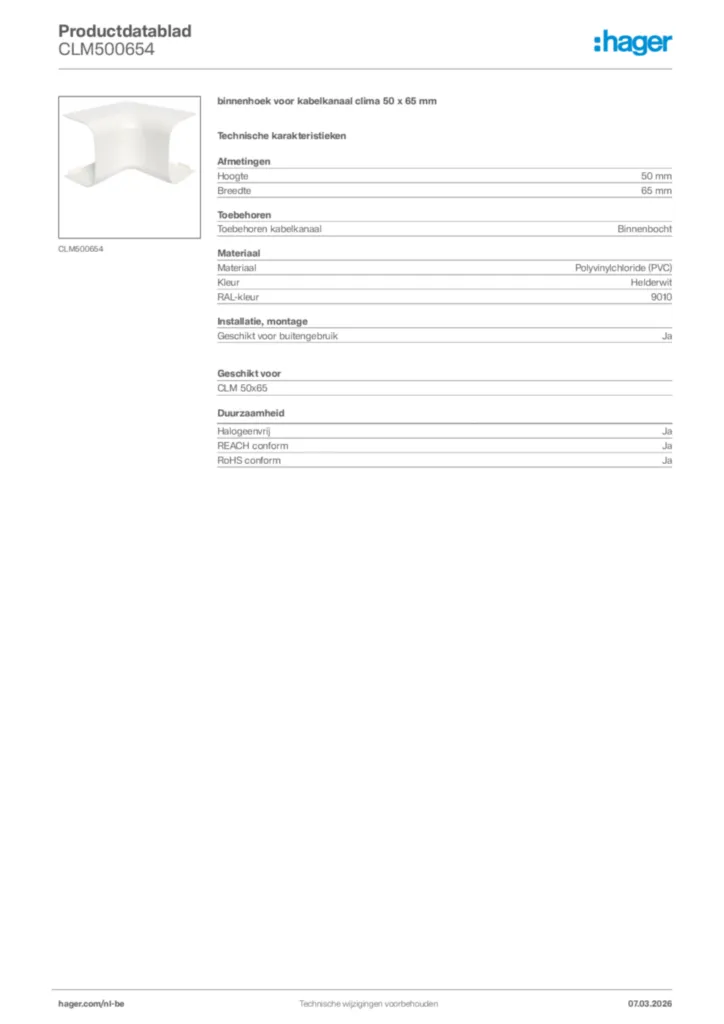 Afbeelding Hager Productdatablad CLM500654 | Hager Belgium