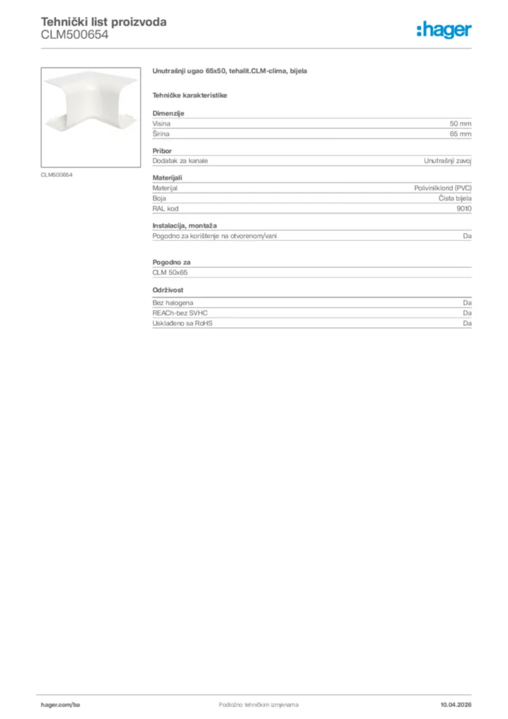 Slika Hager Tehnički list proizvoda CLM500654  | Hager