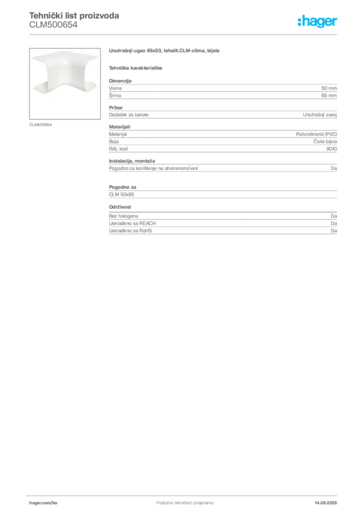 Slika Hager Product data sheet CLM500654  | Hager