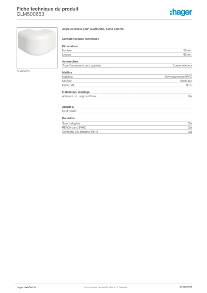 Image Hager Fiche technique du produit CLM500653 | Hager Afrique