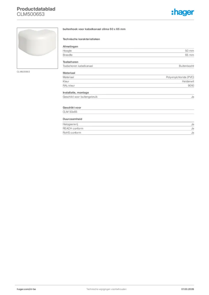 Afbeelding Hager Productdatablad CLM500653 | Hager Belgium