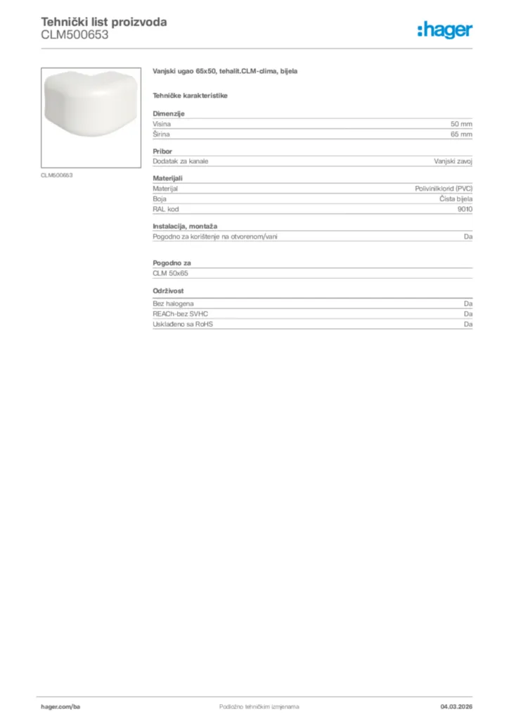 Slika Hager Tehnički list proizvoda CLM500653  | Hager