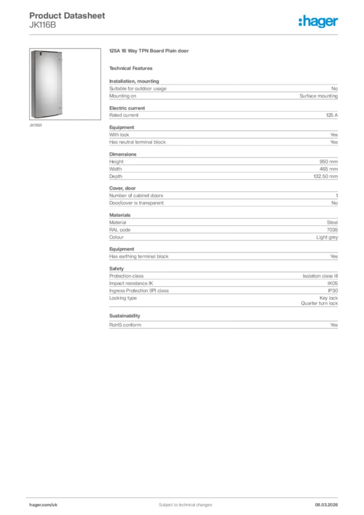 Image Hager Product data sheet JK116B  | Hager