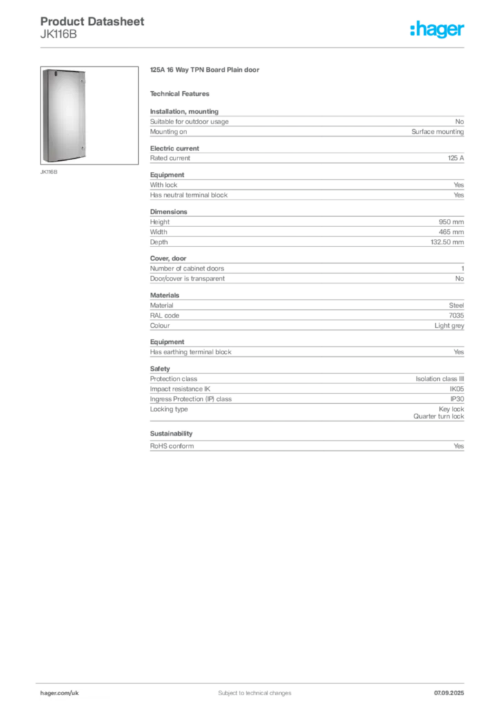 Image Hager Product data sheet JK116B  | Hager