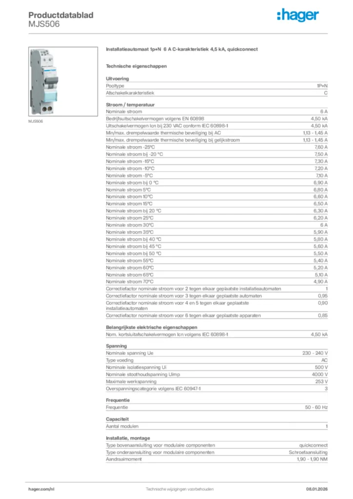 Afbeelding Hager Productdatablad MJS506 | Hager Nederland