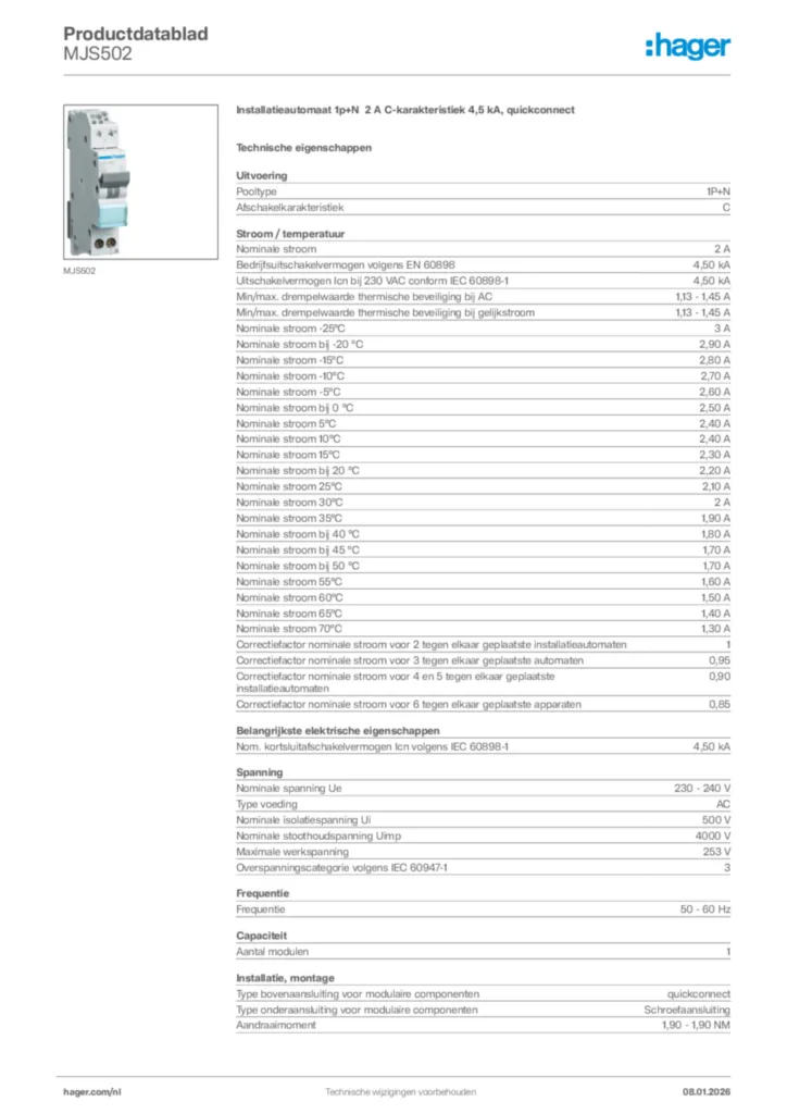 Afbeelding Hager Productdatablad MJS502 | Hager Nederland