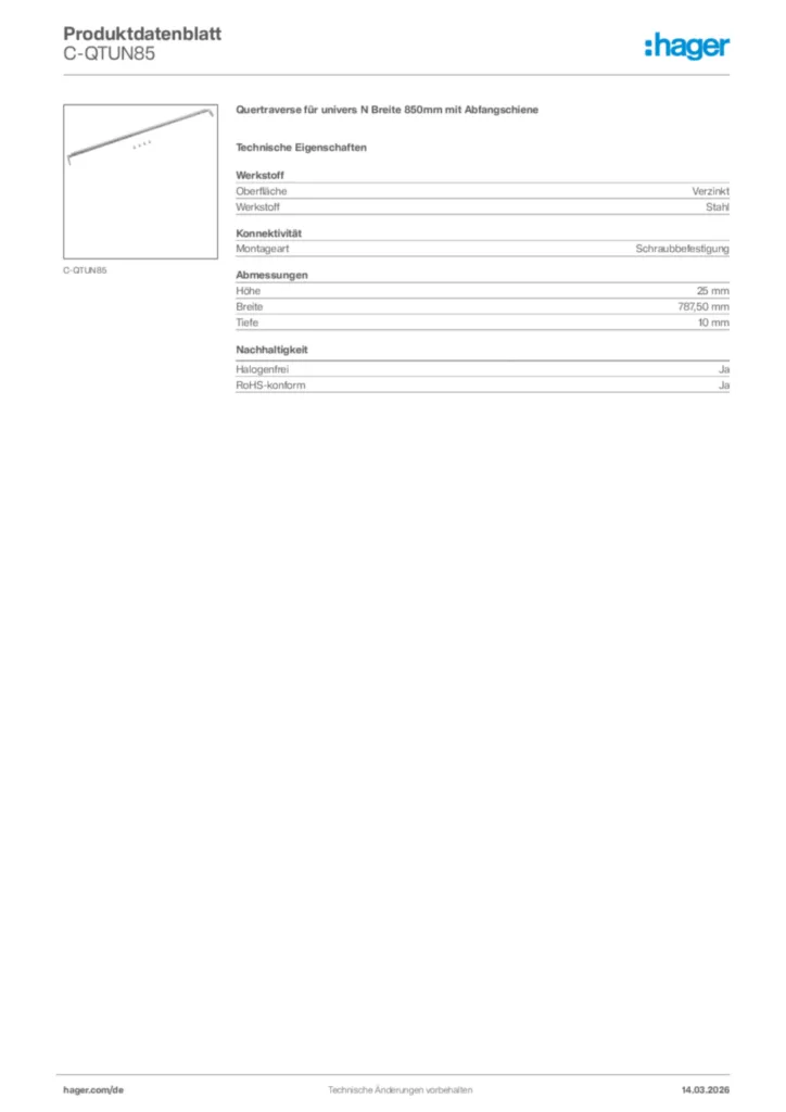 Hager Produktdatenblatt C-QTUN85
