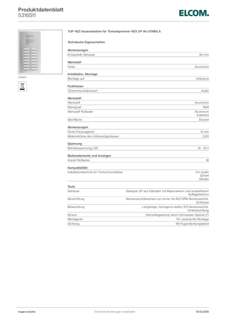 Bild Elcom Produktdatenblatt 5316511 | Hager Deutschland