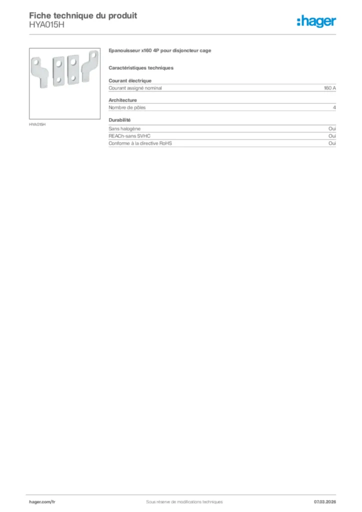 Image Hager Fiche technique du produit HYA015H | Hager France