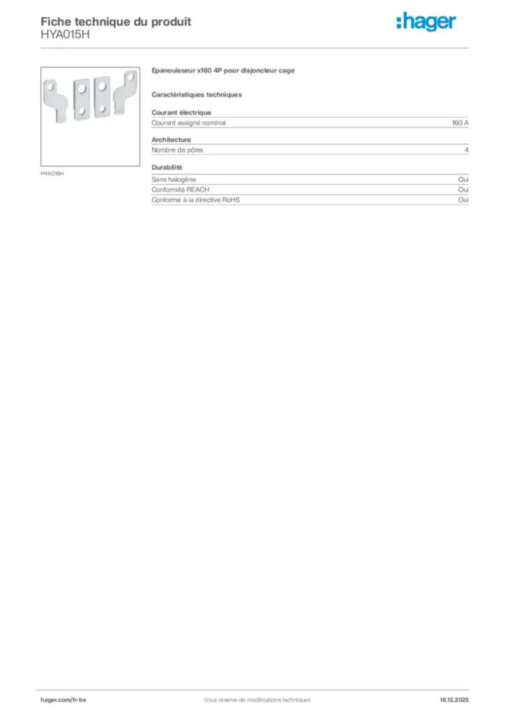 Image Hager Fiche technique du produit HYA015H | Hager Belgique