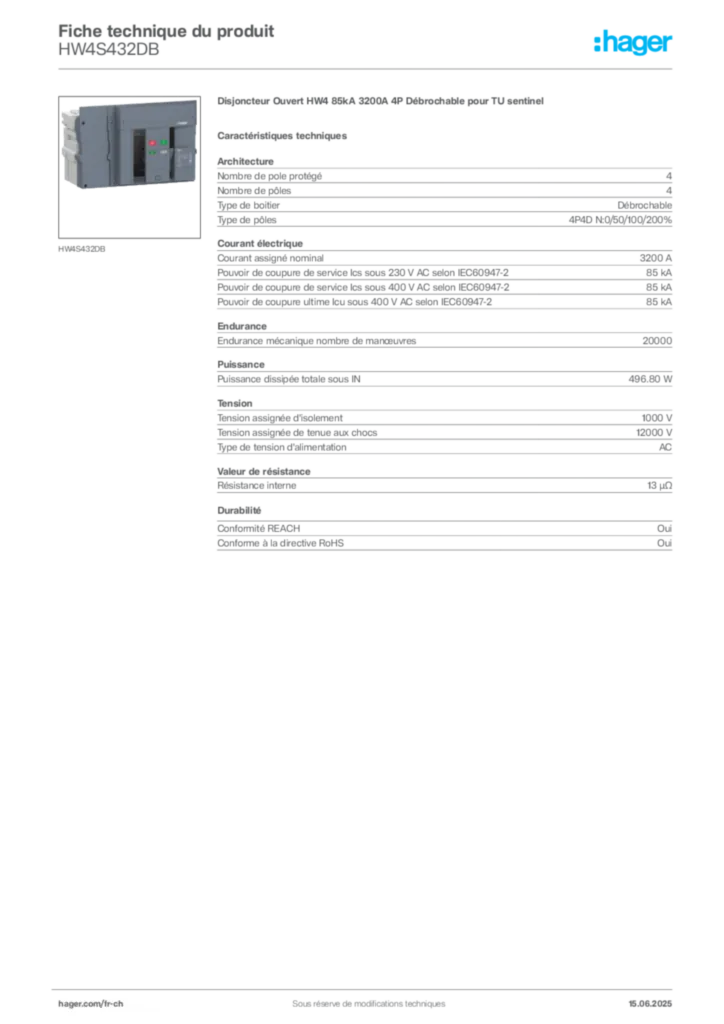 Image Hager Fiche technique du produit HW4S432DB | Hager Suisse