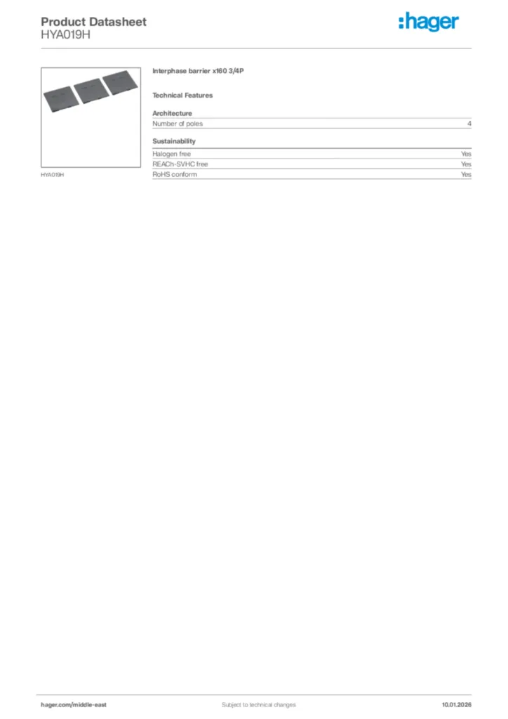 Image Hager Product data sheet HYA019H  | Hager
