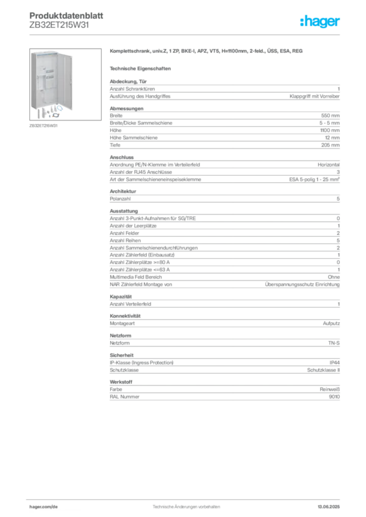 Bild Hager Produktdatenblatt ZB32ET215W31 | Hager Deutschland