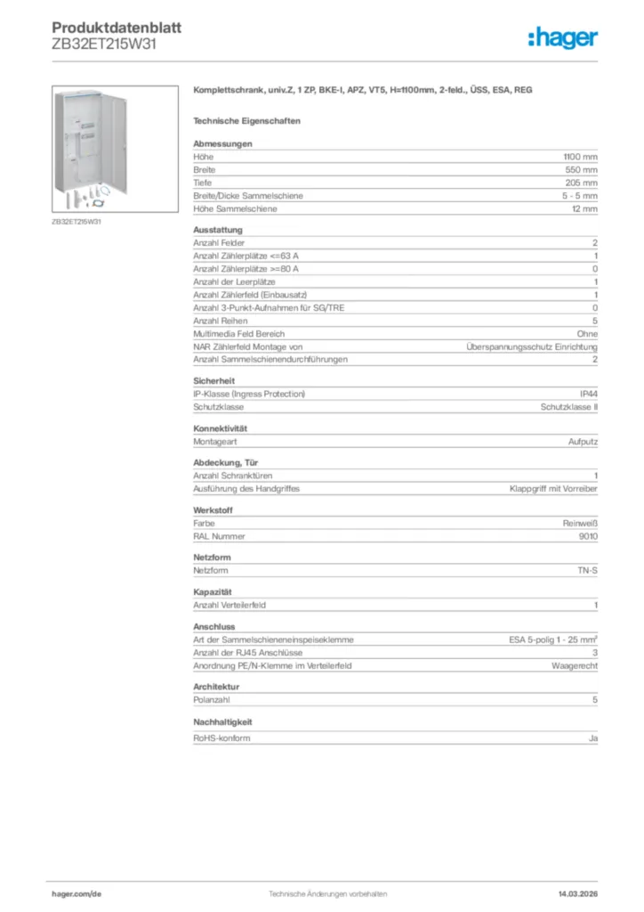 Bild Hager Produktdatenblatt ZB32ET215W31 | Hager Deutschland