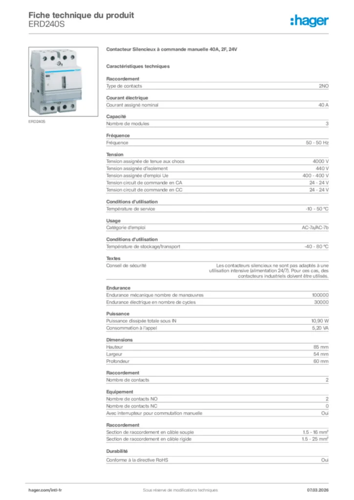 Image Hager Fiche technique du produit ERD240S | Hager Afrique