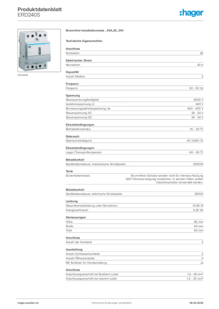 Bild Hager Produktdatenblatt ERD240S | Hager Schweiz