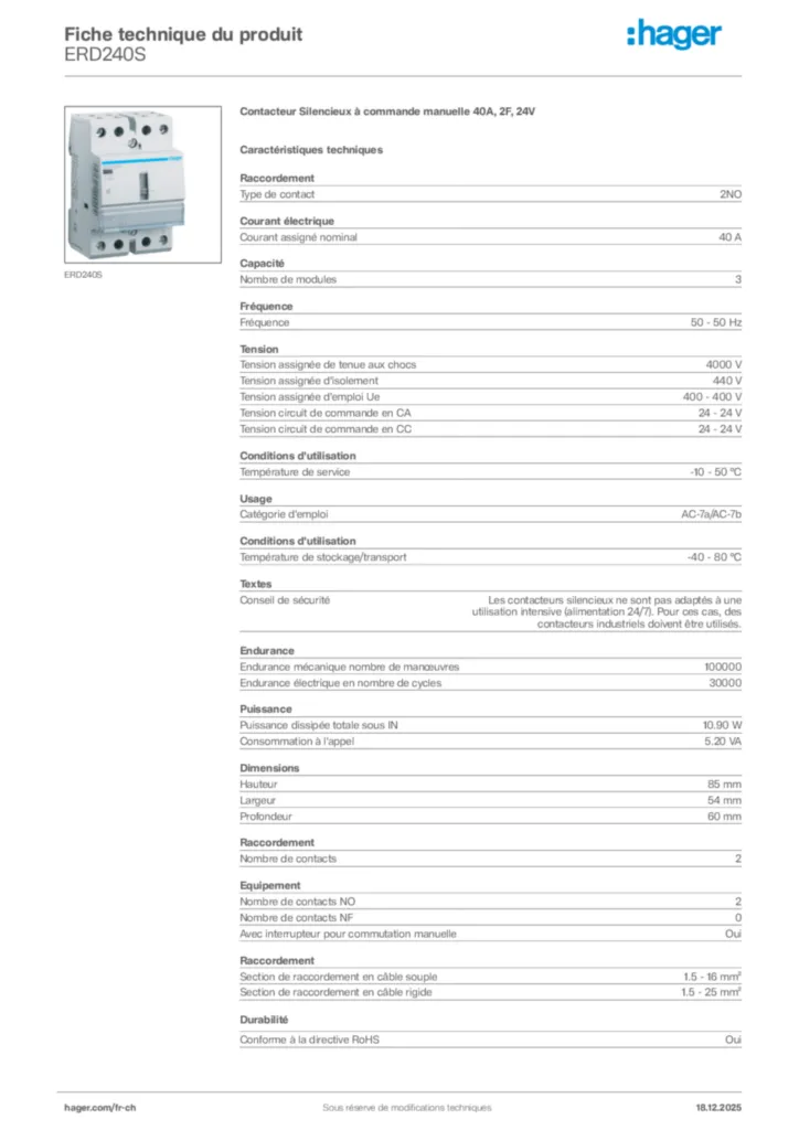 Image Hager Fiche technique du produit ERD240S | Hager Suisse