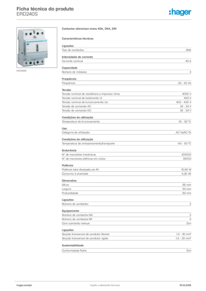 Imagem Hager Ficha técnica do produto ERD240S | Hager Portugal