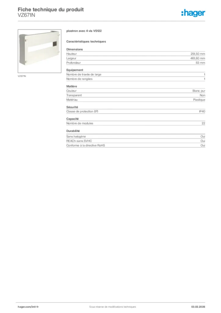 Image Hager Fiche technique du produit VZ671N | Hager Afrique