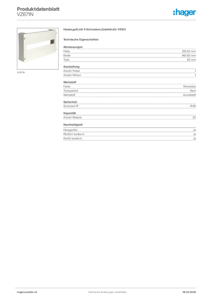 Bild Hager Produktdatenblatt VZ671N | Hager Schweiz